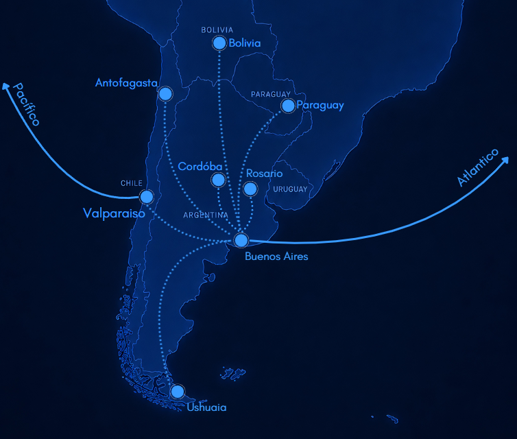 Mapa de rutas multimodales desde Buenos Aires – Argentina, Chile, Bolivia, Paraguay
